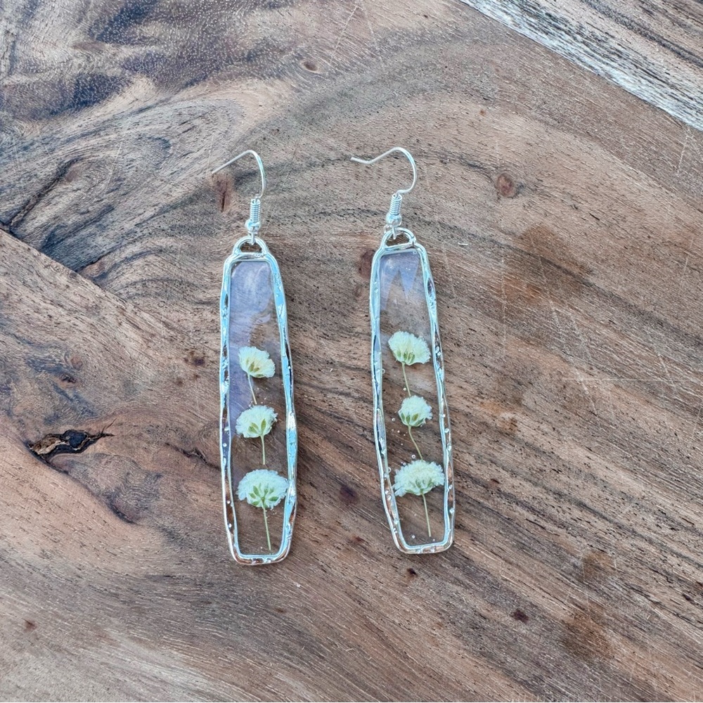1. Silver Long Rectangle Resin Pressed Flower Floral Earrings White Babys Breath